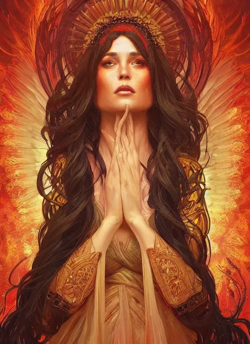 Image similar to “ goddess of fire, highly detailed, digital painting, flames, artstation, concept art, smooth, sharp focus, illustration, art by artgerm and greg rutkowski and alphonse mucha ”