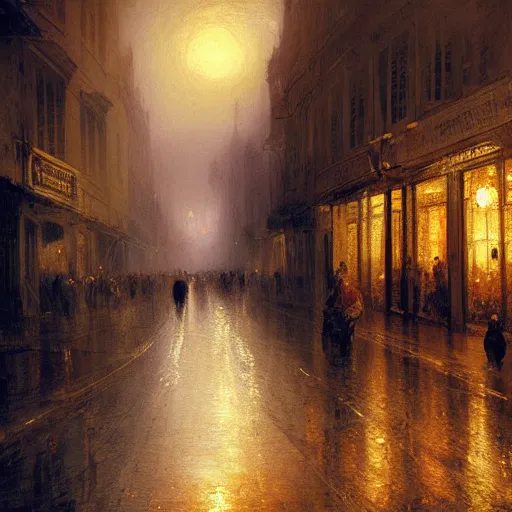 Prompt: highly detailed painting of night streets of belgrade, by william turner, by greg rutkowski, by william constable, thick brush strokes and visible paint layers, 4 k resolution