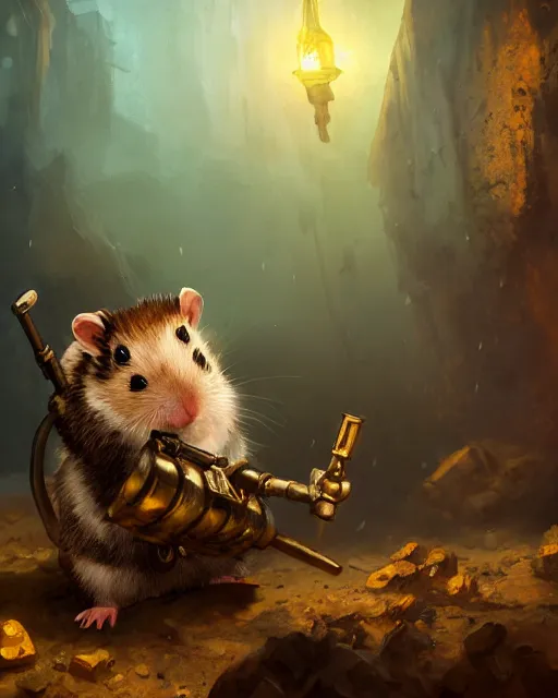 Image similar to oil painting of hamster miner mining gold with pickaxe, steampunk style, close shot, full body, narrow dark steampunk mine shaft background, sharp focus, fantasy style, octane render, volumetric lighting, 8k high definition, by greg rutkowski, highly detailed, trending on art Station, dungeons and dragons artwork, centered