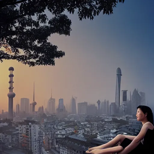 Prompt: a small rooftop with a couple of people sitting and watching the view, wearing black modern clothes, modern shanghai bund is on the background, sunset, smog, by gregory crewdson