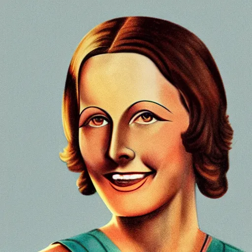 Prompt: a 1 9 2 8 color drawing portrait. calm, happy, healthy, smiling, sporty, young, glowing greta garbo in athletic wear with big smile and healthy teeth. realistic, high quality.