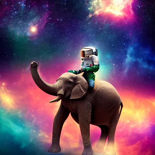 Prompt: astronaut riding! an elephant!! in space, colorful nebula in the background, photorealistic Octane render,