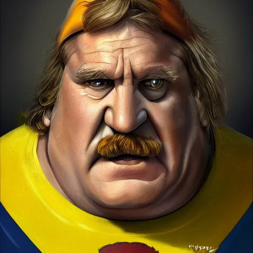 Image similar to Portrait of Gérard Depardieu as Wario, yellow overall, nintendo, fantasy, highly detailed, digital painting, artstation, concept art, sharp focus, illustration, art by Tony Sart and artgerm and randy vargas