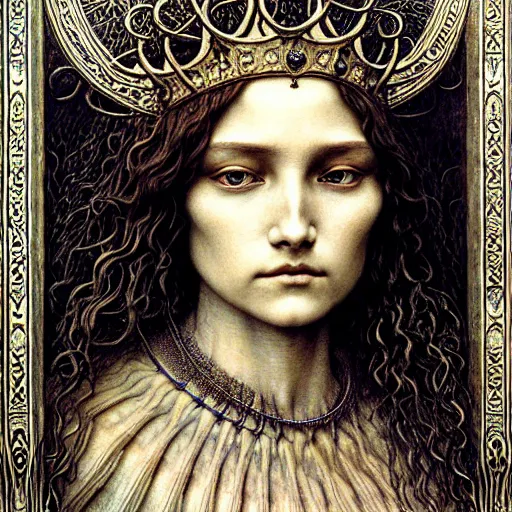 Image similar to detailed realistic beautiful young medieval queen face portrait by jean delville, gustave dore, zdzisław beksinski and marco mazzoni, art nouveau, symbolist, visionary, gothic, pre - raphaelite, art forms of nature by ernst haeckel, memento mori