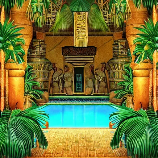 Image similar to a pool in a ancient egyptian interior full of plant and palms,retrowave art,digital art