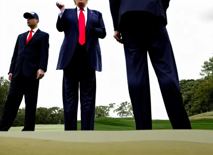 Image similar to front view of a single Donald Trump wearing handcuffs escorted by two young FBI agents wearing uniforms at golf course, photo by Alex Webb, press photo, Reuters media