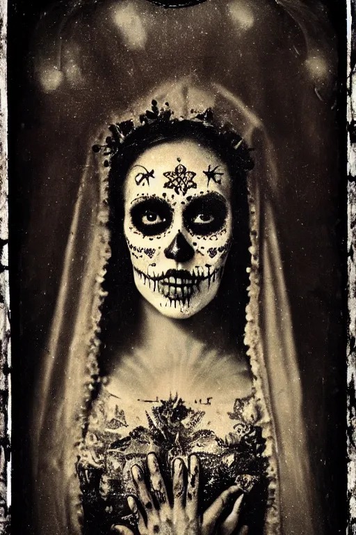 Prompt: tintype virgin mary in dia de muertos dress and make up, the ecstasy of saint teresa, horrific beautiful vibe, evocative, atmospheric lighting, painted, intricate, highly detailed, leesha hannigan, wayne haag, reyna rochin, ignacio fernandez rios, mark ryden, iris van herpen, stunning, gorgeous, sharp focus, cinematic, masterpiece