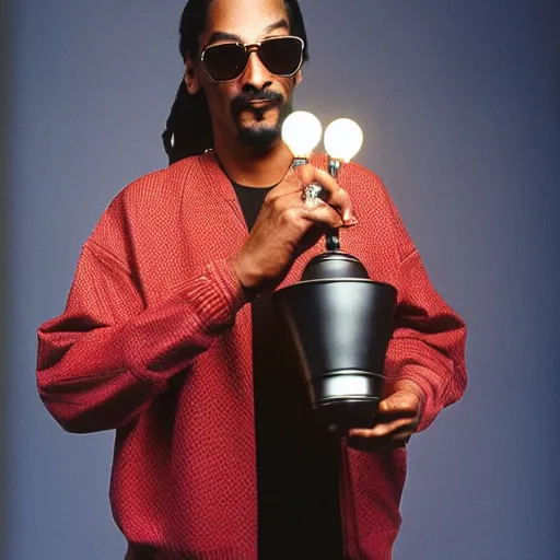 Prompt: Snoop Dogg holding a lamp for a 1990s sitcom tv show, Studio Photograph, portrait, C 12.0