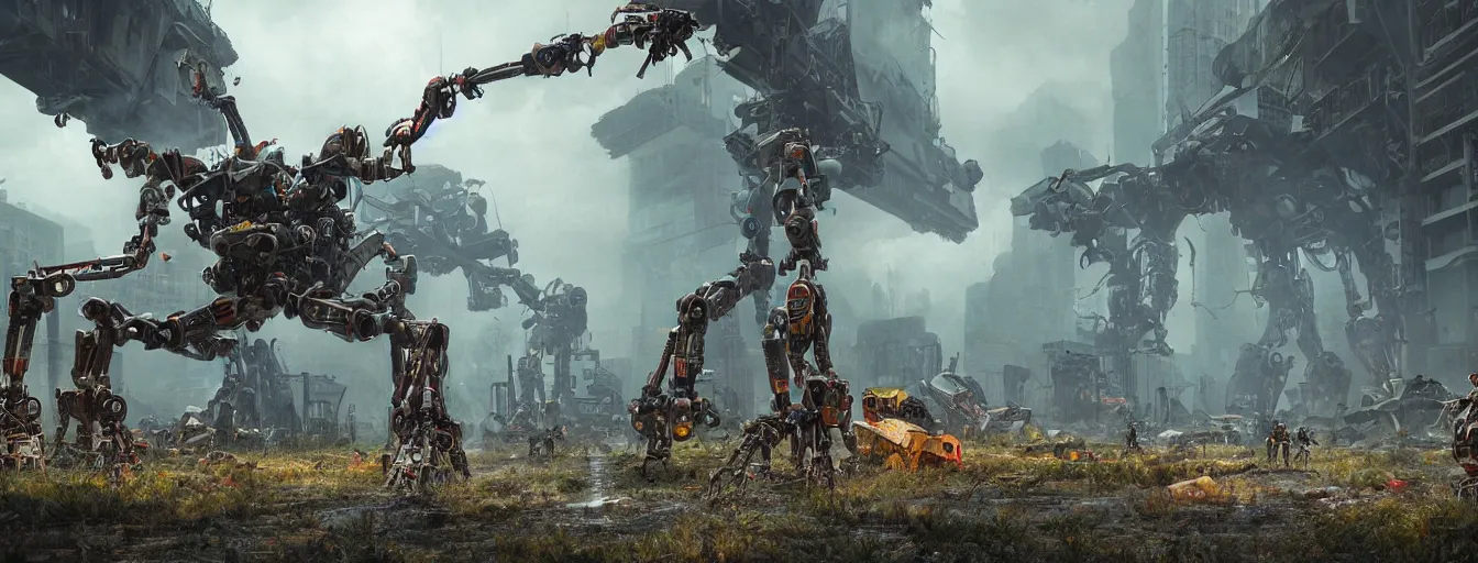 Image similar to snapshot of scene, where gigantic 8 legs spider mech robot running and hunting remaining humans in a post - apocalyptic world, high detail, saturated colors, by james paick, render unreal engine - h 7 0 4