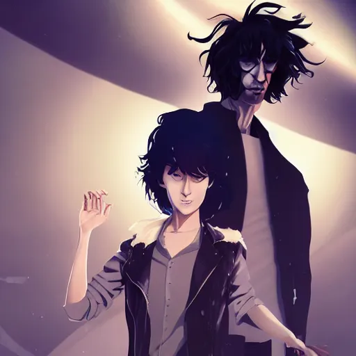 Prompt: Neil Gaiman as The Sandman, pale skin, long black leather jacket, unruly hair, ambient lighting, 4k, anime key visual, lois van baarle, ilya kuvshinov, rossdraws, artstation