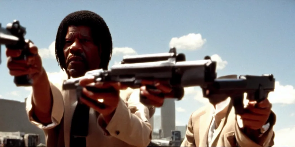 Image similar to Denzel Washington as Jules Winnfield in 'Pulp Fiction 2: The Enemy Within' (2004), movie still frame