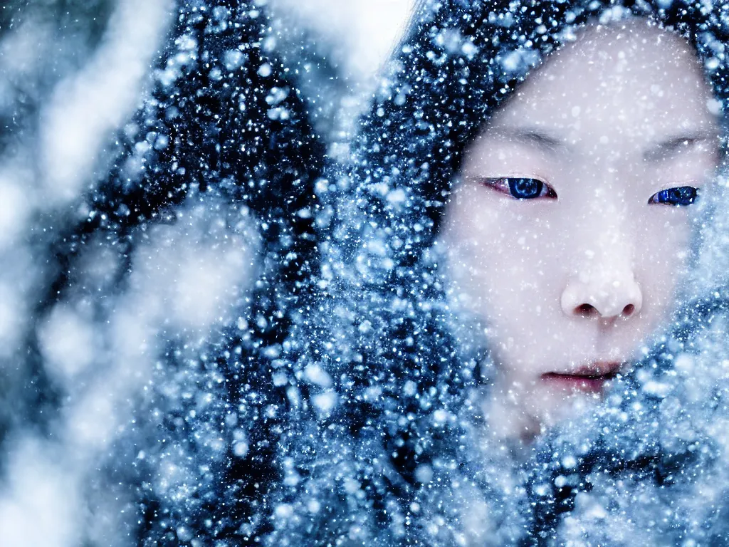 Prompt: the piercing blue eyed stare of yuki onna reaching out to you, freezing blue skin glinting and glittering, blizzard in the mountains, bokeh, captured on canon eos r 6, asymmetric, rule of thirds