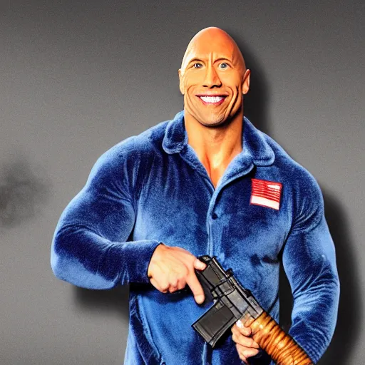 Prompt: dwayne the rock johnson, in blue onesie pajamas, holding an ak - 4 7.