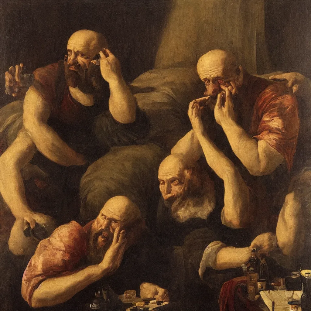 Prompt: a middle aged balding man with a big beard and bloodshot eyes in a tiny hotel room, crying, depressed, stressed, extremely drunk and surrounded by empty beer cans. Renaissance oil painting.