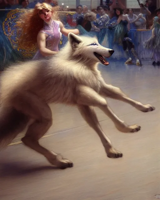 Image similar to white female anthro wolf skating at a roller derby, 4 k, furaffinity, trending on artstation, energetic, speed, motion blur, by gaston bussiere, sakimichan, j. c. leyendecker, gustav klimt, artgerm, greg rutkowski, alphonse mucha