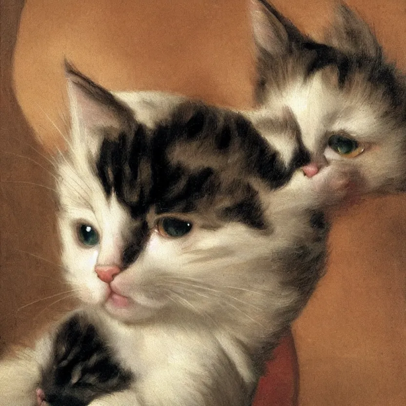 Image similar to studio portrait of an extremely cute kitten; extremely detailed; oil painting by Michelangelo Merisi da Caravaggio