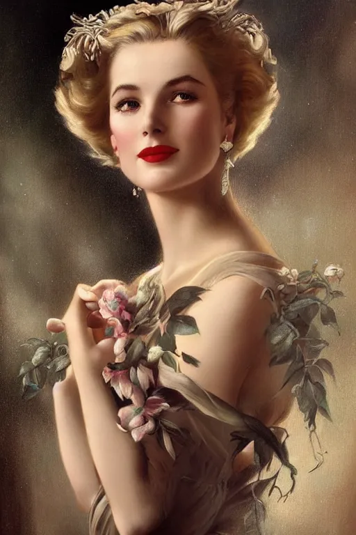 Prompt: a young and extremely beautiful grace kelly infected by night by tom bagshaw in the style of a modern gaston bussiere, art nouveau, art deco, surrealism. extremely lush detail. melancholic scene infected by night. perfect composition and lighting. sharp focus. profoundly surreal. high - contrast lush surrealistic photorealism. genuine laughing.