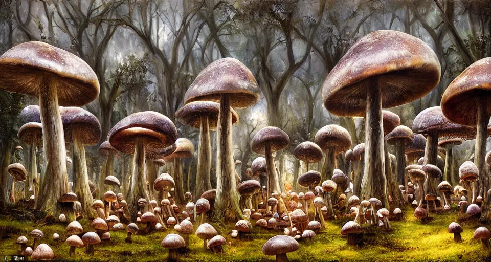 Prompt: A tribal village in a forest of giant mushrooms, by Rob Hefferan