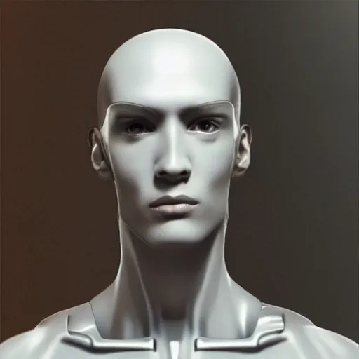 Image similar to “a realistic detailed photo of a guy who is an attractive humanoid who is half robot and half humanoid, who is a male android, Bryce Hall, shiny skin, posing like a statue, blank stare”