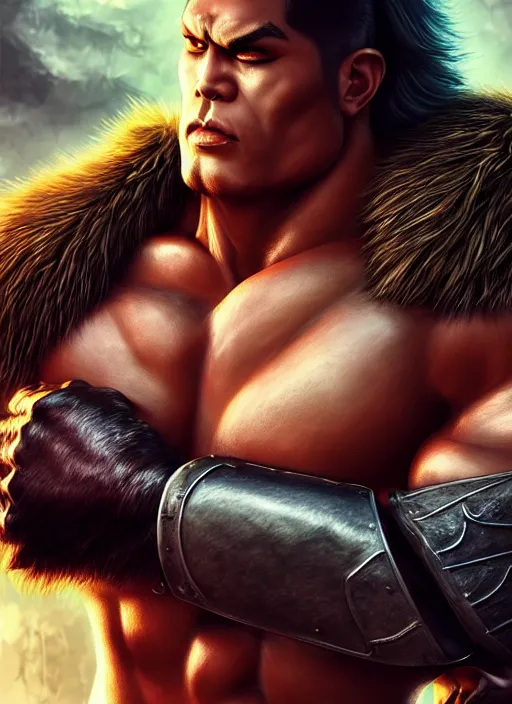 Image similar to barbarian, jackson wang, fierce, big muscles, large muscular chest, fur leather armor!!! handsome golden hair male!! character concept art, sharp focus, octane render! unreal engine 5! highly rendered!! trending on artstation!! detailed linework!! illustration by artgerm, wlop, and chie yoshii