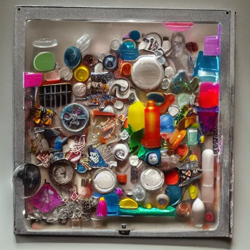 Prompt: a nostalgia machine. mixed media art. using plastic, glass and other translucent objects.