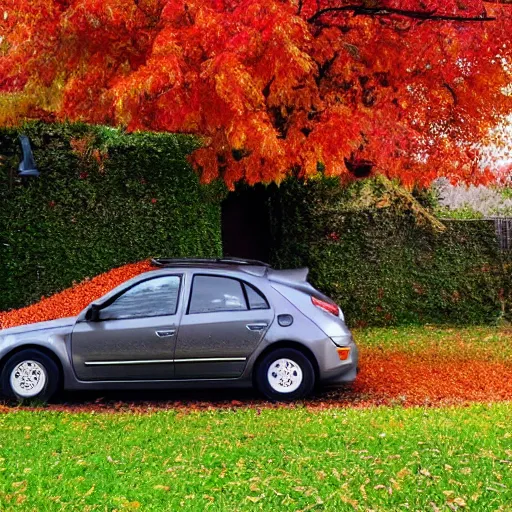 Prompt: a car covered by leaves