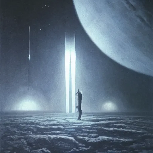 Image similar to ultra realistic, astronaut looking up at big eerie hell space cathedral on a destroyed planet with an obsidian vortex floating in the sky above in a zdzisław beksinski art style, black background, occult, photo realistic, dark atmosphere