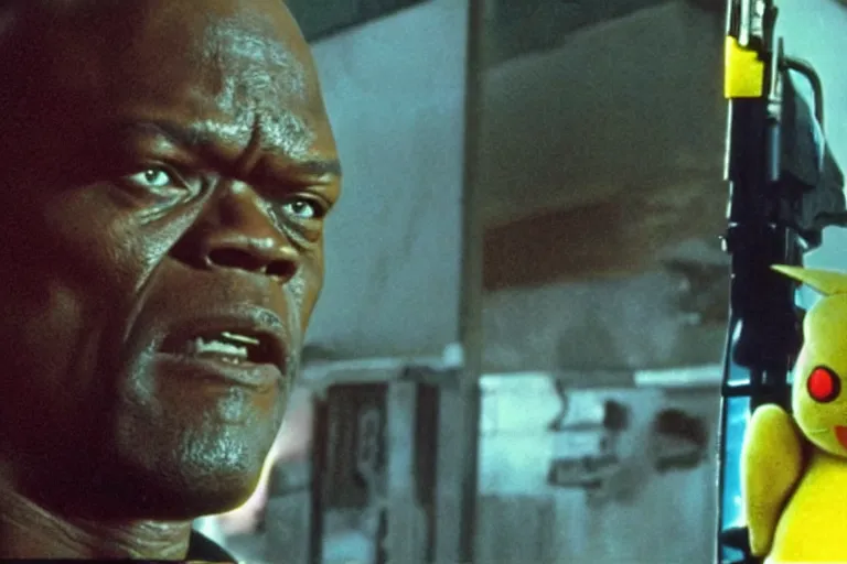 Image similar to Samuel L. Jackson plays Terminator and kills pikachu, action scene from the film