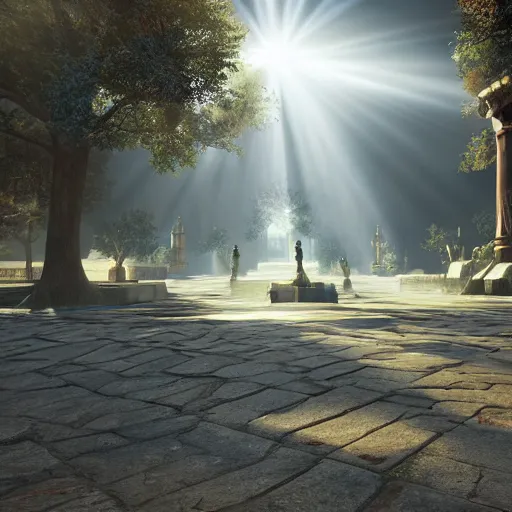 Image similar to long square!!!!, heaven, god rays, ray tracing, unreal engine, hyper realistic, fantastic art, highly detailed