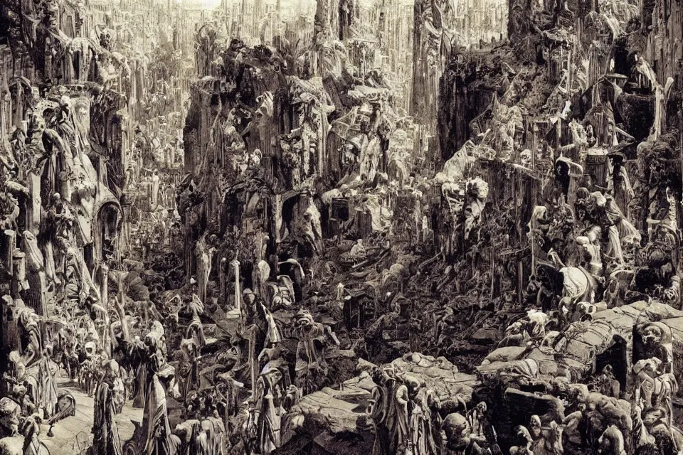 Image similar to artwork by Franklin Booth showing the fall of the city of Babylon