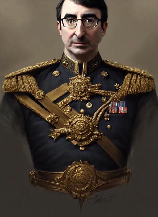 Image similar to portrait of supreme leader john oliver, royalty, extravagant, lord, full body, military uniform, fantasy, intricate, elegant, beautiful, highly detailed, charcoal, centered, dark, smokey, digital painting, artstation, concept art, art by artgerm and greg rutkowski and alphonse mucha