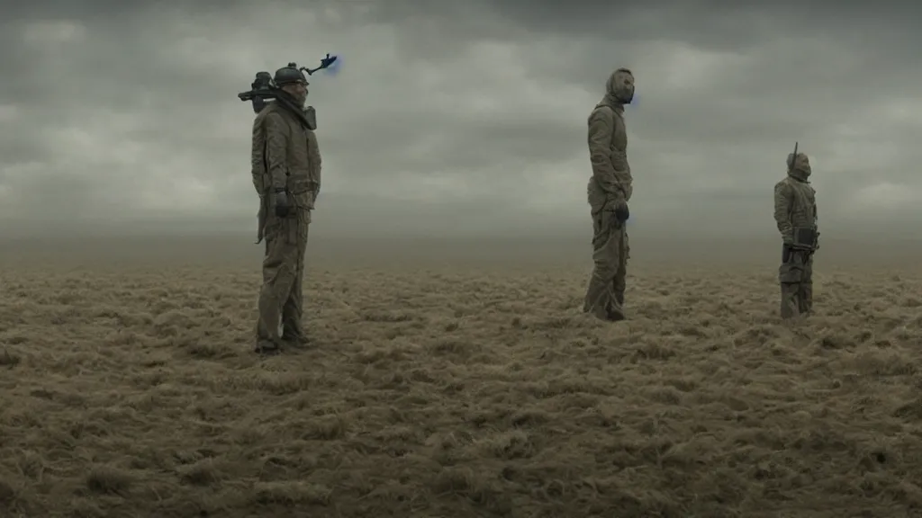 Prompt: the strange overlords watch us watch television, film still from the movie directed by Denis Villeneuve with art direction by Zdzisław Beksiński, wide lens