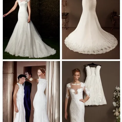 Image similar to a collage of wedding dresses and tuxedos