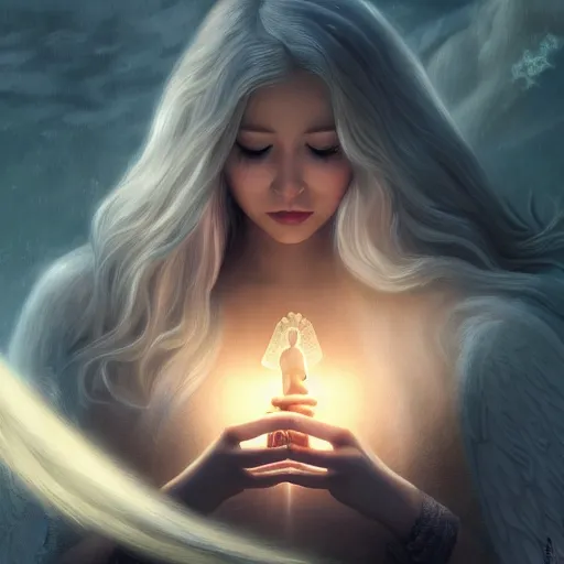 Prompt: blonde angel praying by wlop and artgerm and howard lyon, magical atmosphere, magic circle summon, cinematic, dramatic, 4k, highly detailed, fantasy art, unreal engine