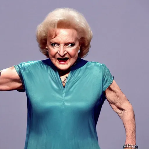 Prompt: betty white as wwe champion standing in a wrestling ring