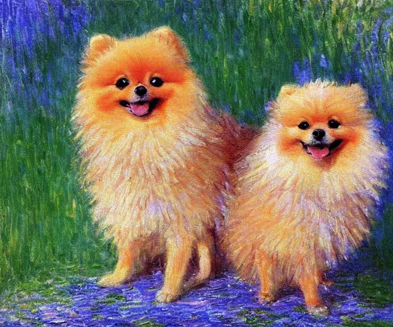 Image similar to pomeranian, cute, monet, oil painting