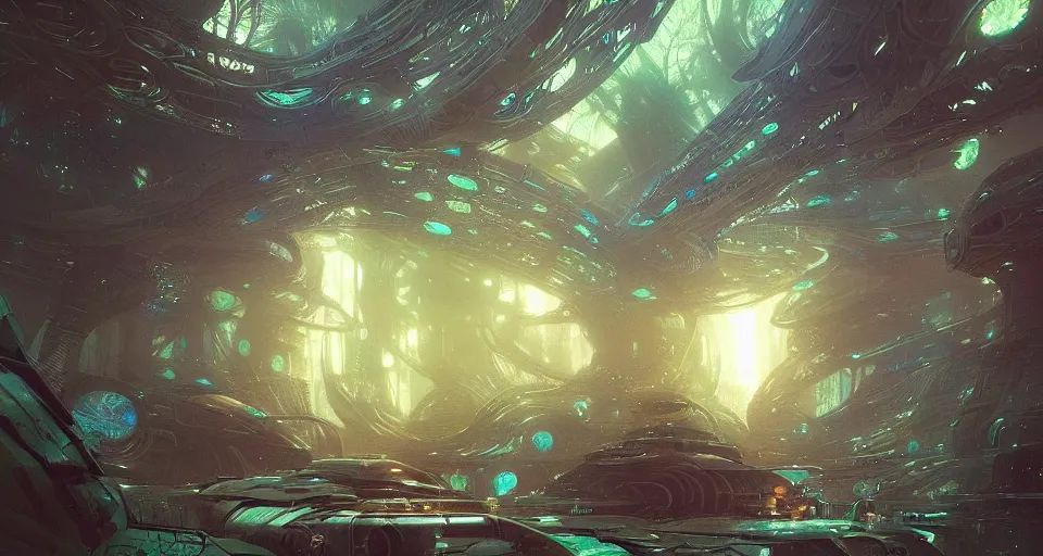 Image similar to Retro futuristic Sci-Fi space forest scene, Giant Aztec spaceship, nebulas swirls, dusk lighting, intricate details ,by denis villeneuve, Ridley Scott, Greg Rutkowski and Alphonse Mucha