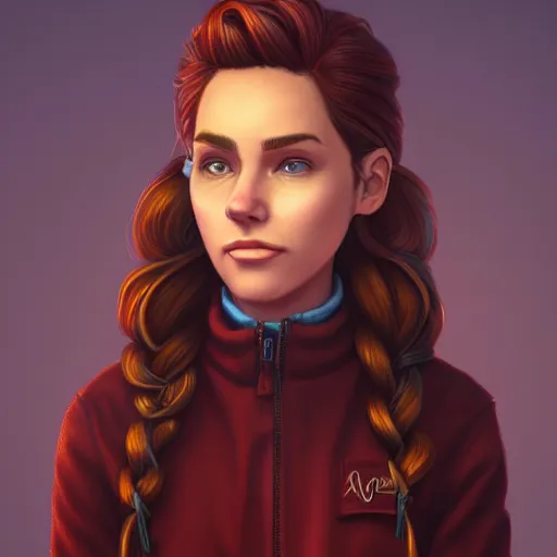 Prompt: an insanely detailed realistic depiction of beautiful jodi from stardew valley standing in the grocery store wearing burgundy sweater under denim jacket, auburn hair, pretty brown eyes, french braid, in the style of peter mohrbacher, artgerm, dramatic lighting and composition, octane render, trending on artstation, concept art 8 k