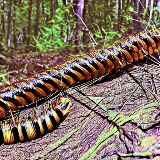 Image similar to hybrid animal of a centipede and spider, real photo, seen on midnight trail camera