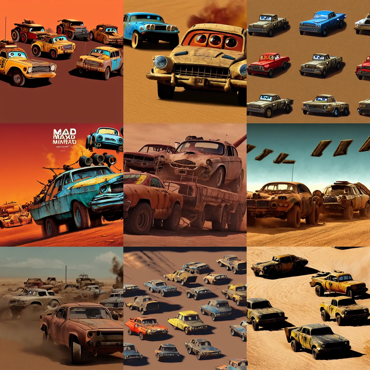 Prompt: mad max : fury road in the style of pixar cars, movie screenshot