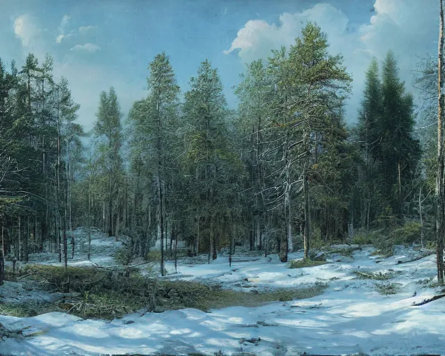 Image similar to beautiful matte painting of cute soviet block of flatshrushevka in end of forest by ivan shishkin