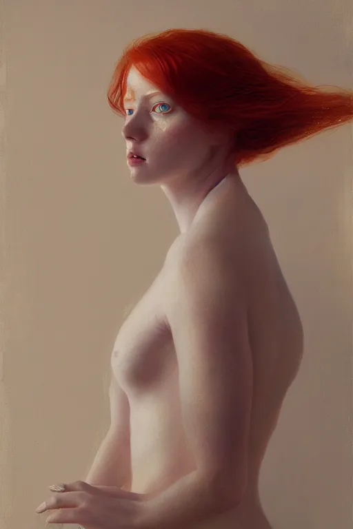 Image similar to of beautiful redhead female, beauty portrait by greg rutkowski, hilma af klint, moebius, victo ngai, sharp focus, global illumination, highly detailed, masterpiece, award winning, post processing