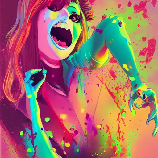 Prompt: colorful illustration of vinyl, splatters, by zac retz and junji ito