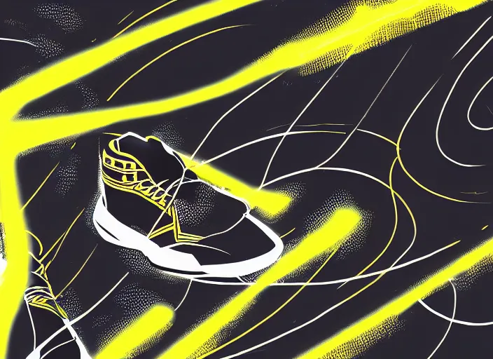 Image similar to glowing black basketball sneaker, wth short golden lines, yellow details, symmetrical, highly detailed, digital art, sharp focus, trending on art station, samurai, electricity superpowers, anime art style