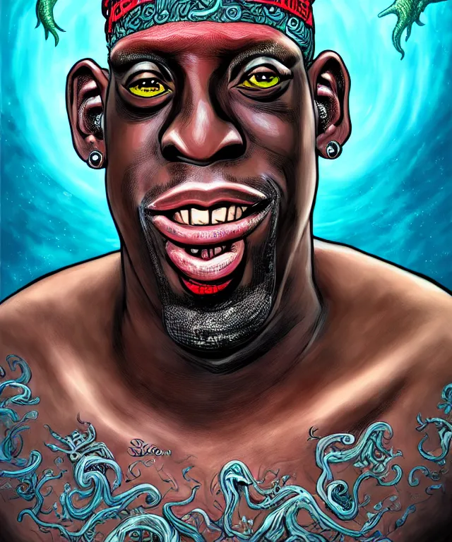 Prompt: fantasy comic style portrait of dennis rodman as a sea monster, digital illustration by ken taylor and sana takeda, hd, 4 k, intricate, highly detailed!!, character design, cover art, award winning