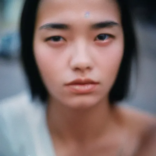 Image similar to a close-up of a gorgeous woman’s face looking at the camera with a mix of desperation and awe, soft blurred city background, captured in low light and sharp focus, cinestill 800t