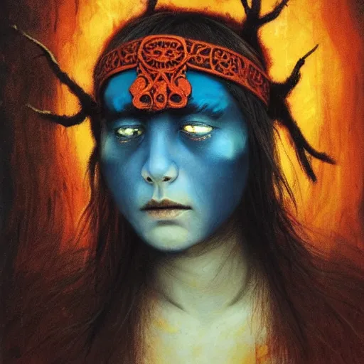 Image similar to A young blindfolded shaman woman with a decorated headband from which blood flows, blue hair and wood on her head. The background is a forest on fire, made by Esao Andrews and Karol Bak and Zdzislaw Beksinski