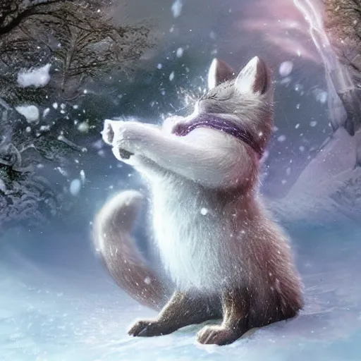 Image similar to hyper realistic snowfox in a fantasy movie casting a healing spell