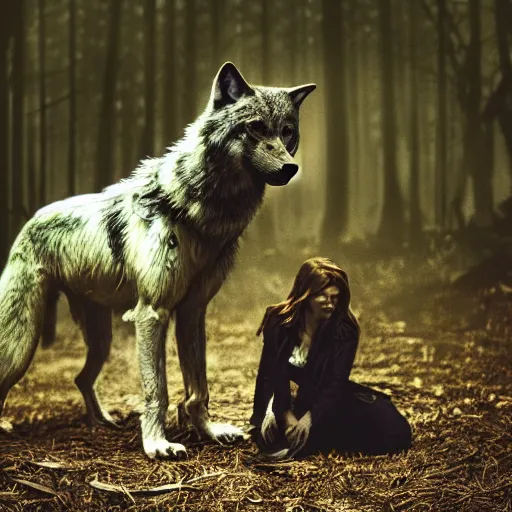 Image similar to werecreature consisting of a wolf and a human, photograph captured in a dark forest