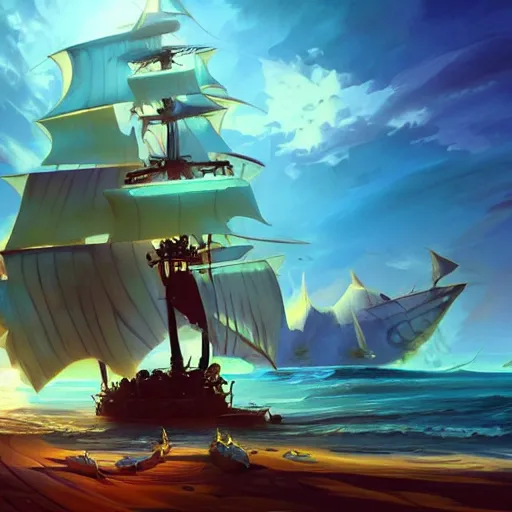 Prompt: sunny's pirate ship from one piece, cgsociety, fantasy art, 2 d game art, concept art, heavenly lighting, retrowave, behance hd, concept art by jesper ejsing, by rhads, makoto shinkai cyril rolando, madgwick